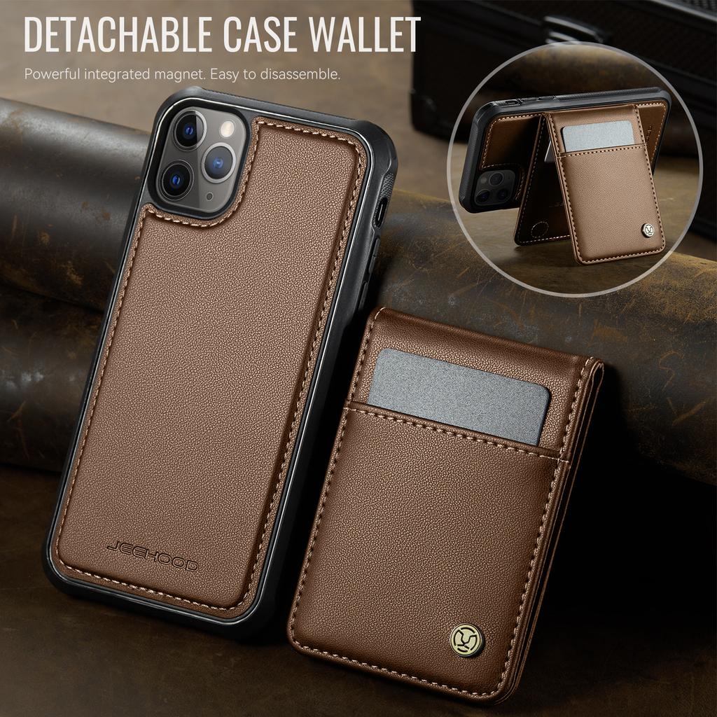 For iPhone 11 Pro Leather Back Cover Compatible with MagSafe JEEHOOD J06 Phone Case with Card Bag RFID Blocking