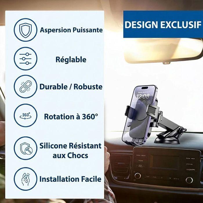 Support Téléphone Voiture Universel avec Ventouse, Stable Réglable Rotatif 360° - Noir