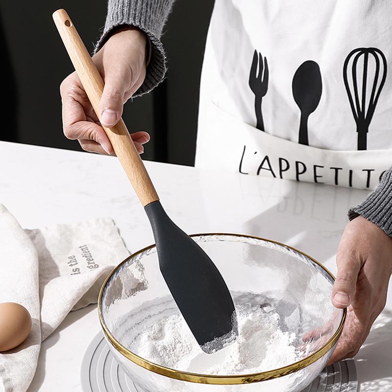 Silicone Cooking Utensils Set 8 Piece Cooking Tools Set Wood Handle Silicone Spatula Scraper Turner Soup Spoon Ladle Cookware