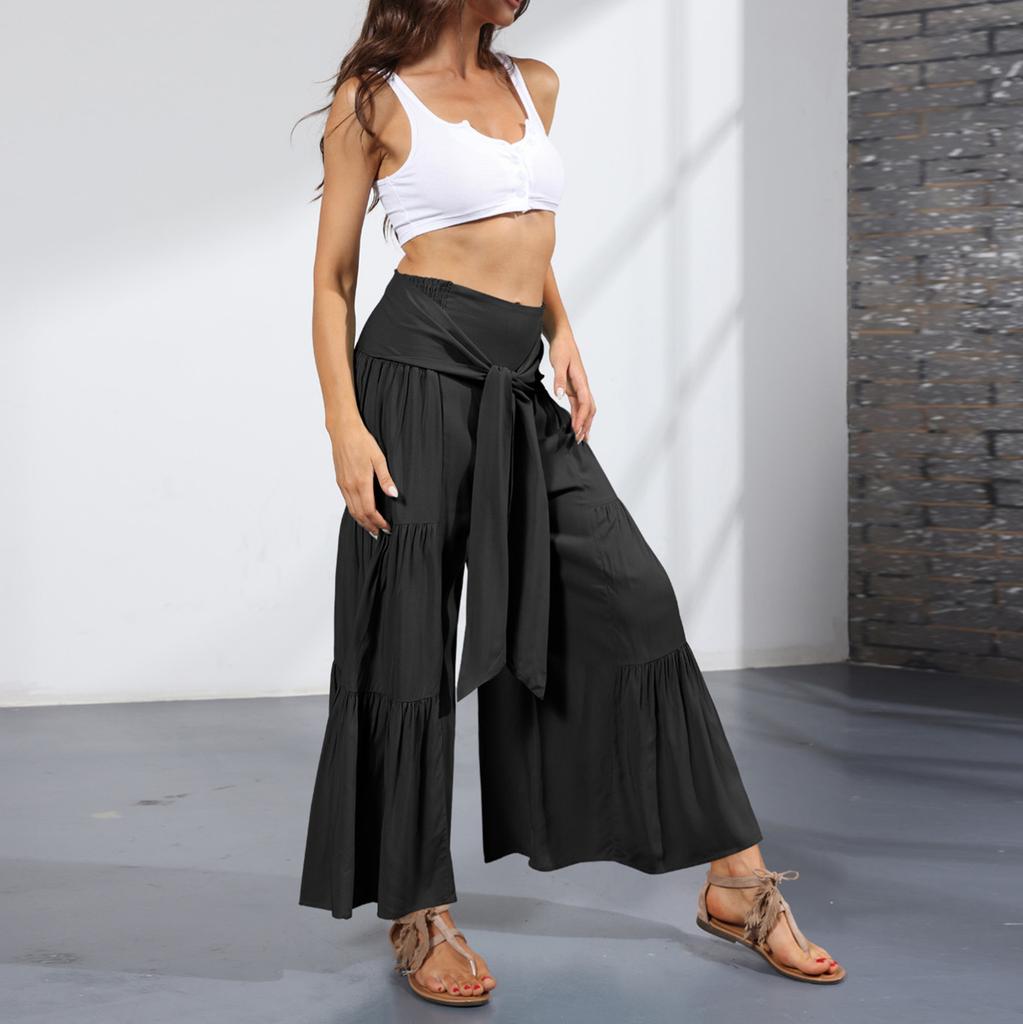 Модные женские однотонные повседневные удобные расклешенные широкие брюки пляжные плиссированные девятые брюки