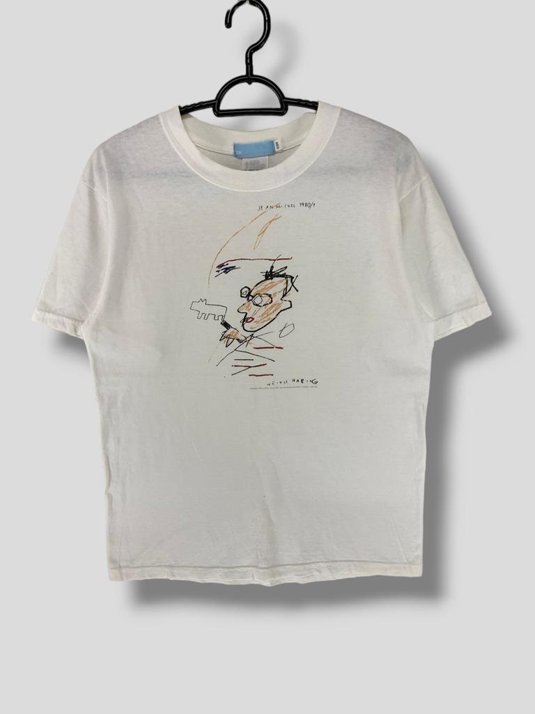 Vintage Jean michel basquiat X Keith haring artwork T-Shirt collectible graffiti crossing lines art tee new york MOMA white Medium