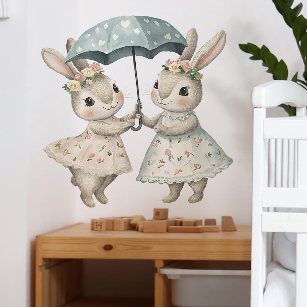 Cartoon-painted Little Rabbits Holding Umbrellas Bedroom Living Room Entrance Hall Home Beautification and Decoration Wall Stickers