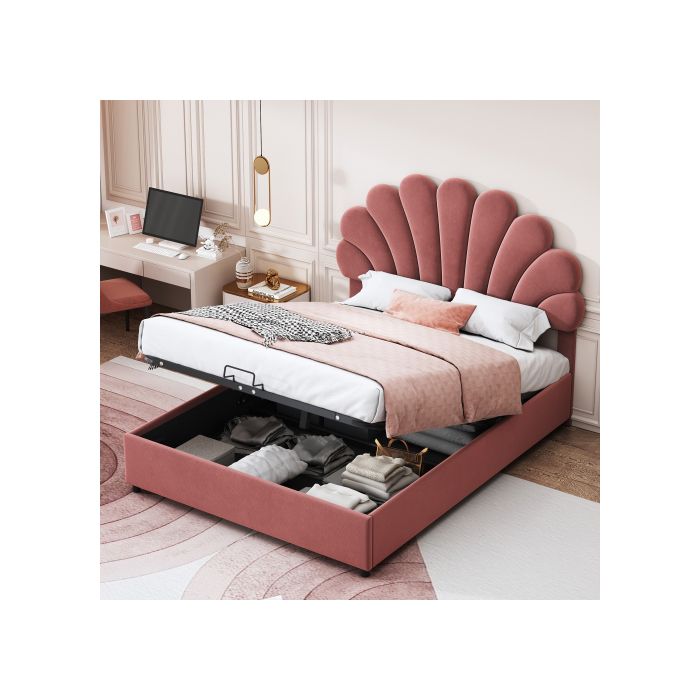 Lit capitonné - MUVOE - 140x200 cm - Tête de lit réglable - Rangement intégré - Velours doux