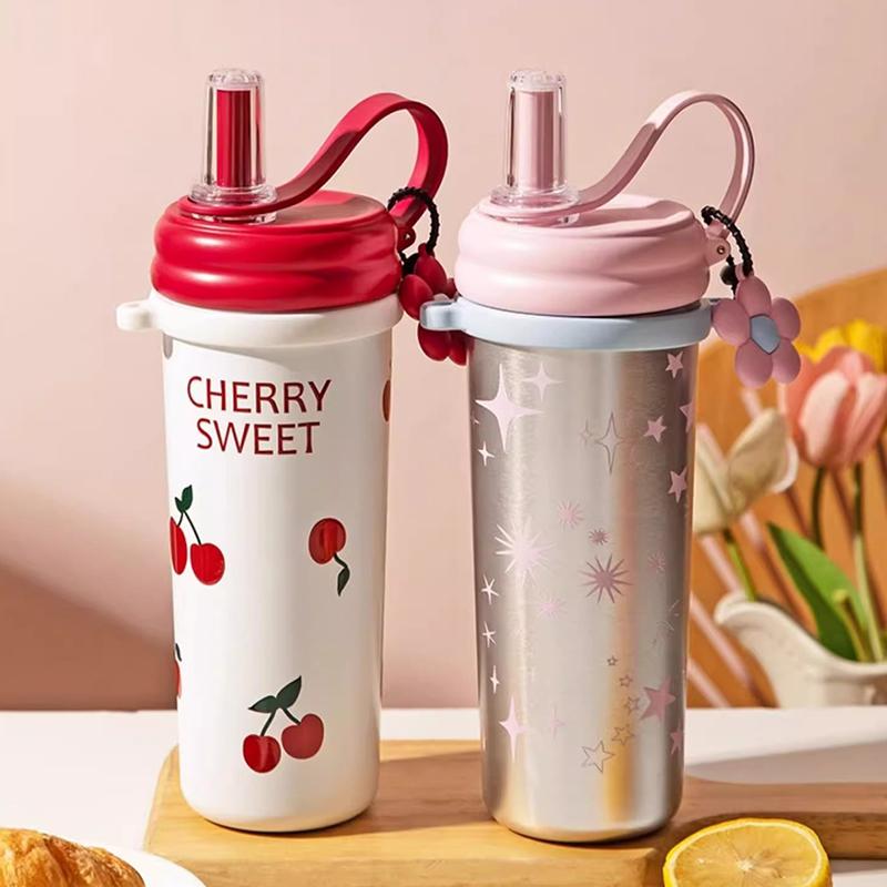 750ML Straw Thermal Cup Stainless Steel Vacuum Flask Insulated Water Bottle with Lifting Rope And Strap for Cold Hot Beverages