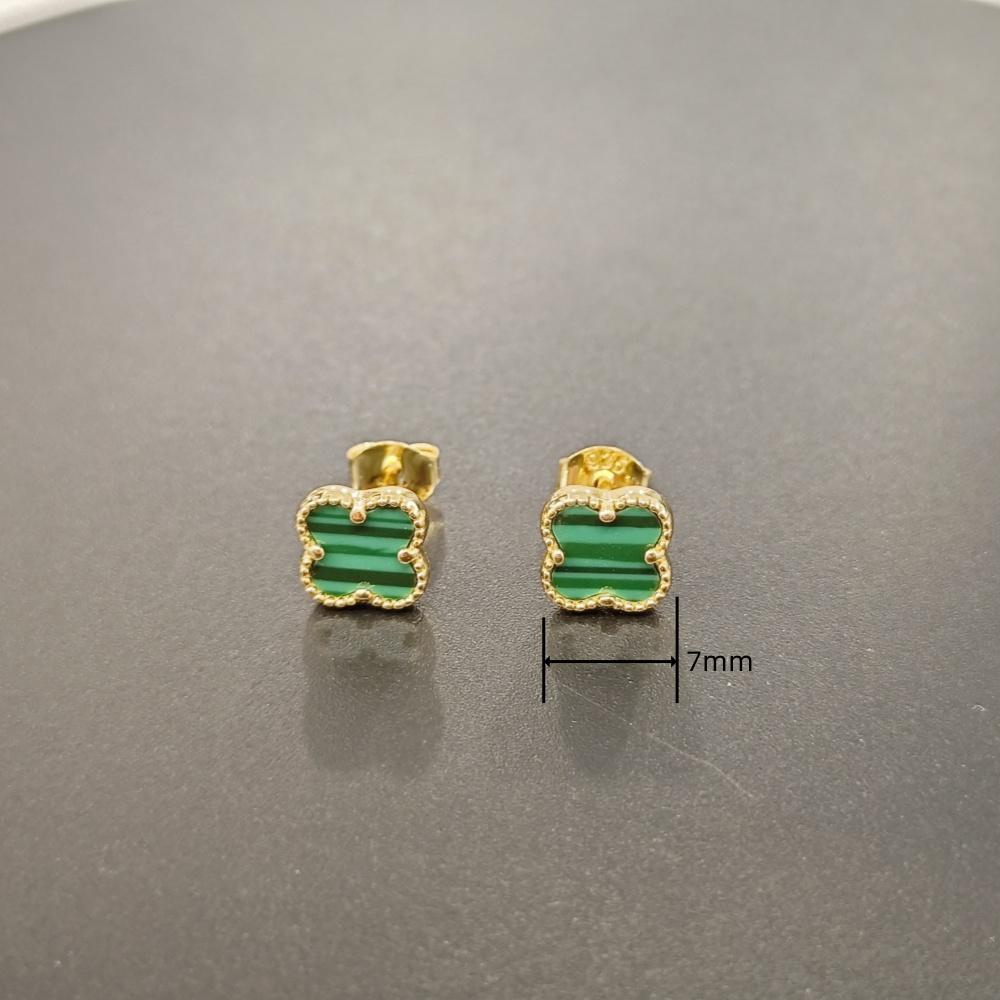 Серьги-гвоздики из стерлингового серебра 925 пробы с четырьмя цветочными листьями, 14-каратное золото, 7 мм, тигровый глаз