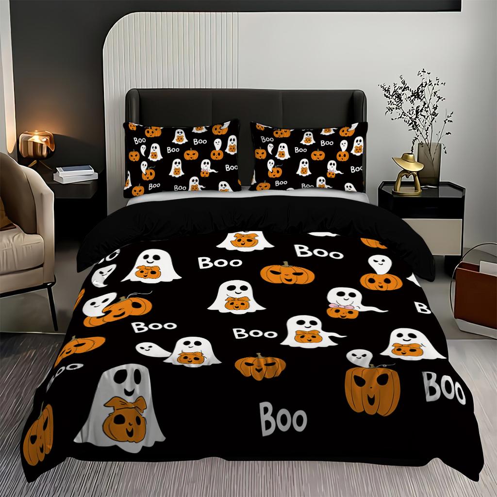 3-piece Halloween themed black cute ghost pattern duvet cover set 1 duvet cover+2 pillowcases coreless