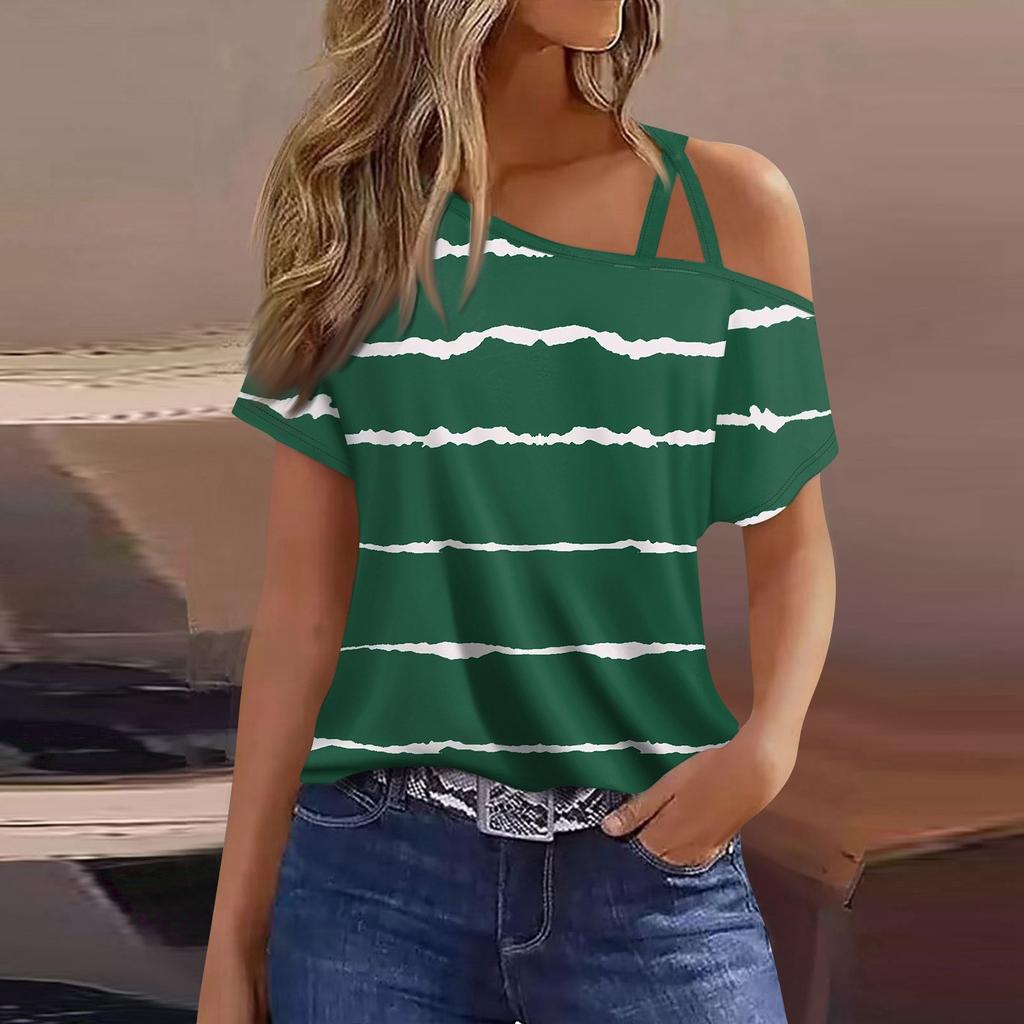 Women's Fashion Casual Print Sexy Cold Shoulder Short Sleeve T-shirt Top