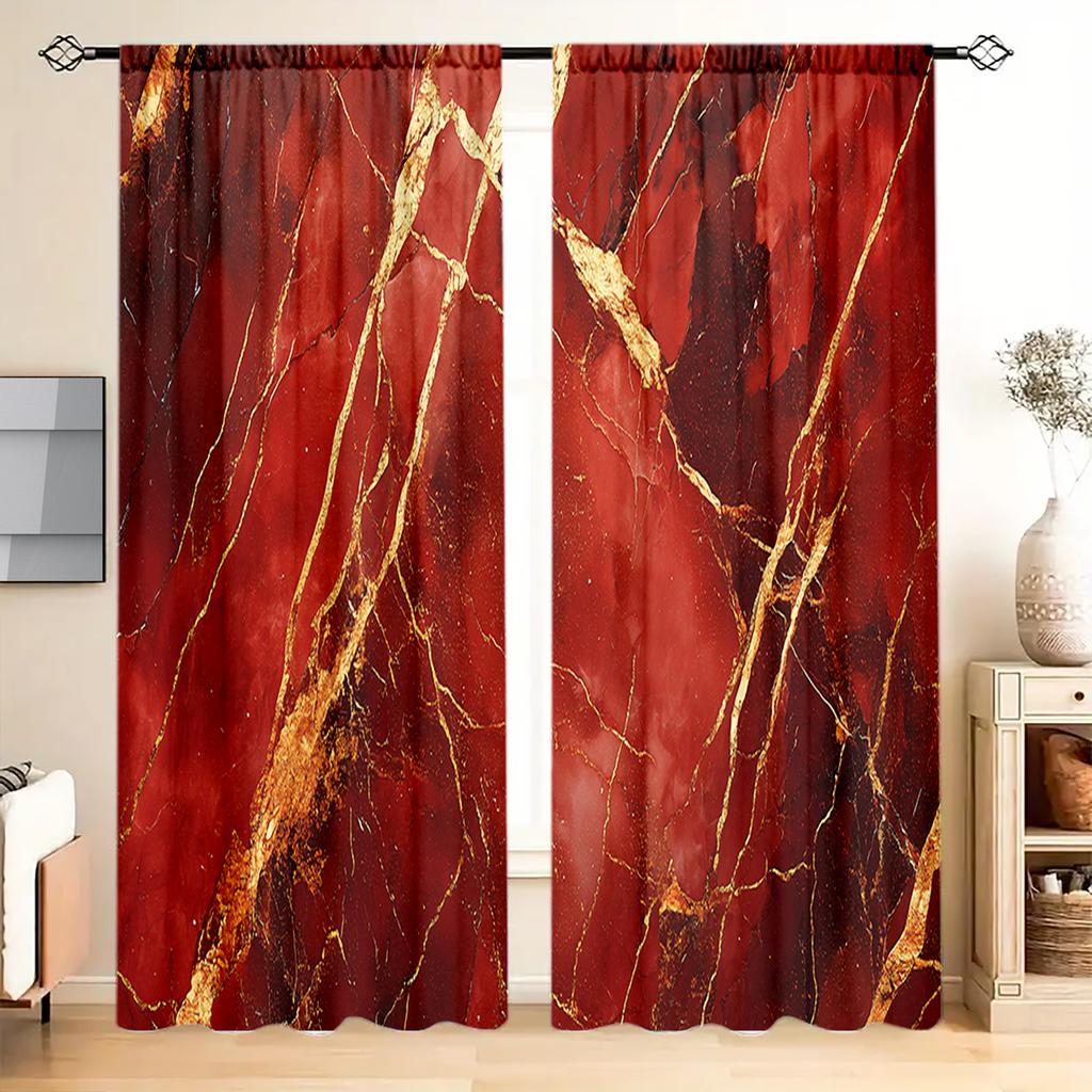 2pcs Red Marble Gilded Printed Curtain for Home Decor - Rod Pocket Window Treatment for Bedroom, Office, Kitchen, Living Room