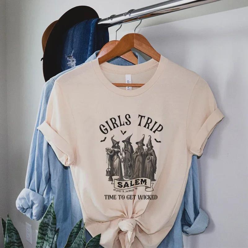 Girls Trip Salem Graphic Tops Cute Funny Witch Tee Cotton Unisex Vintage Fall Halloween Top Short Sleeve Spooky Season Tshirt