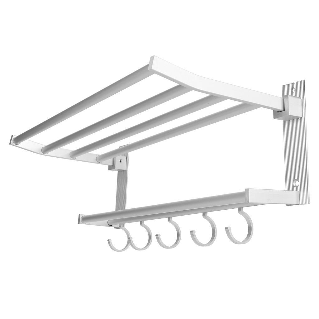 40cm Shower Shelf Foldable Aluminum Bathroom Towel Coat Rack with 5 Hooks Silver