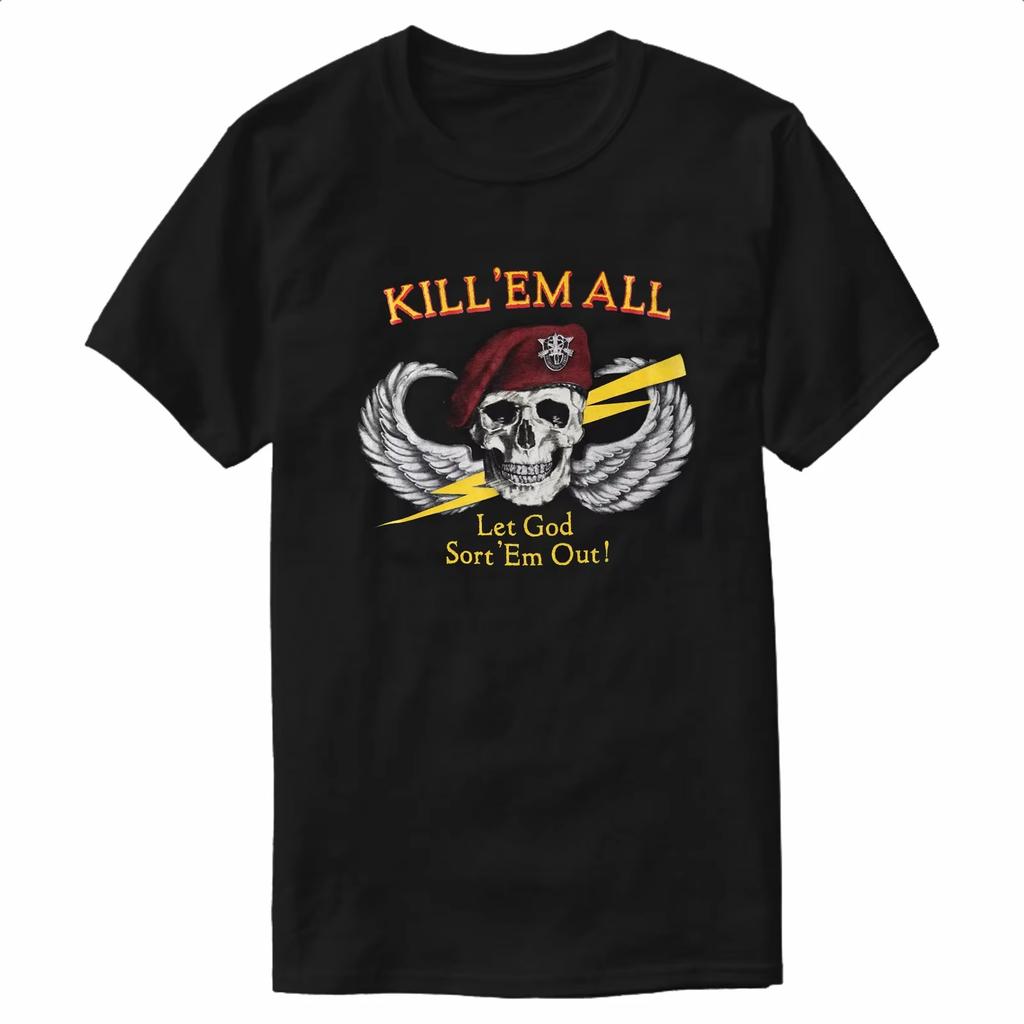 Винтажная футболка 80-х Kill Em All Красный берет Череп Airbourne 100% Хлопок Круглый вырез Летняя с коротким рукавом Повседневная мужская футболка