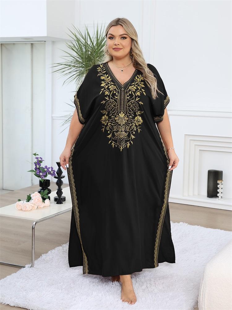 EDOLYNSA 2024 Gold Thread Embroidered Plus Size Casual Vacation Beach Dress Summer Swimsuit Coverup For Women V Neck Bat Sleeve Black Kaftan