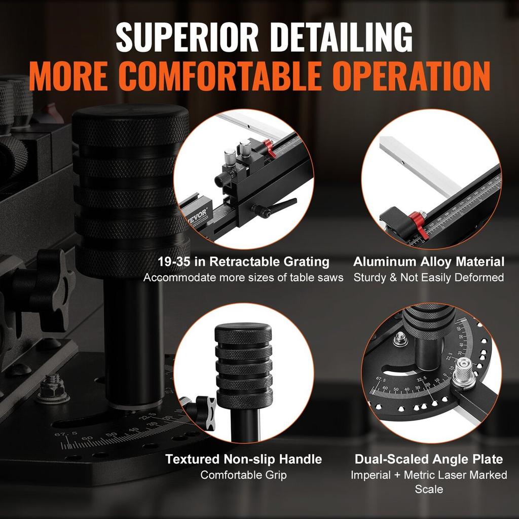 Precision Miter Gauge, Standard Slot 19 x 9.5 mm, Aluminum Alloy Table Saw Miter Gauge with 48-89 cm Grating 15 Angle Stops Adjustable Spring Loaded