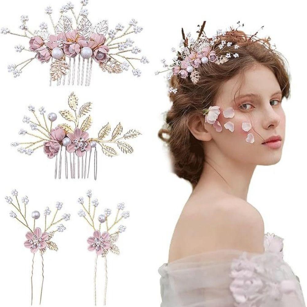 4Pcs/set Gold/Silver Flower Hair Comb Rhinestone Headpiece Luxury Bridesmaid Headwear  Prom Event