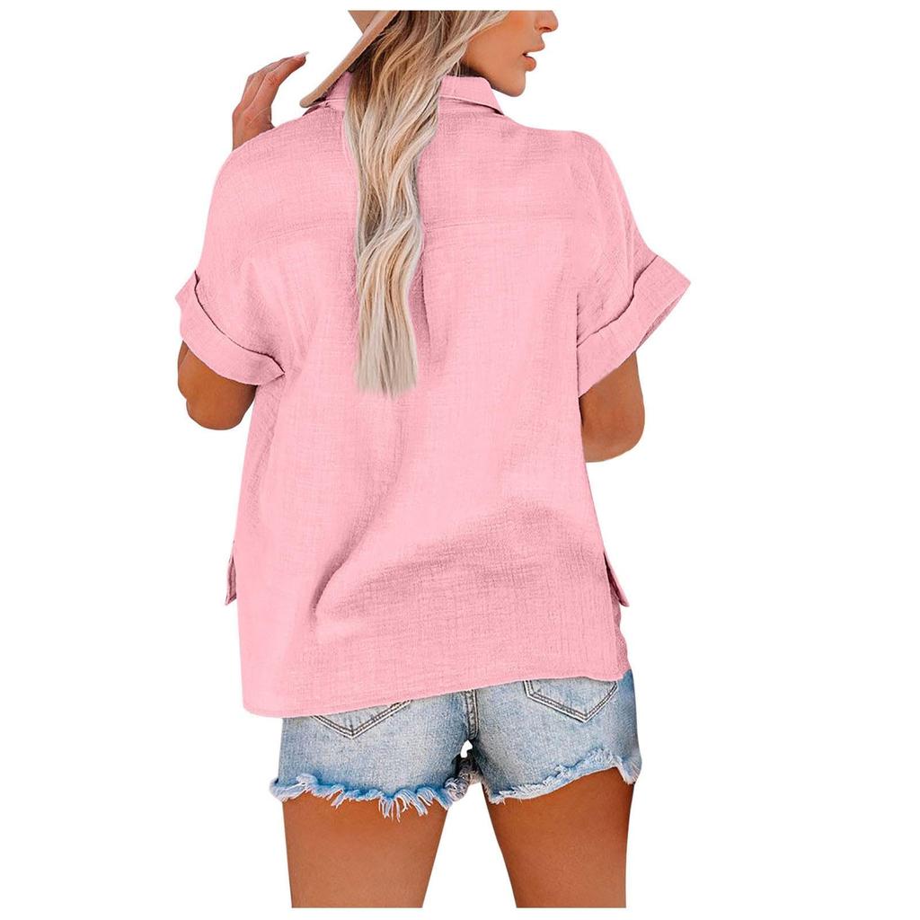 Женская повседневная модная хлопково-льняная рубашка с короткими рукавами и лацканами на пуговицах, топ