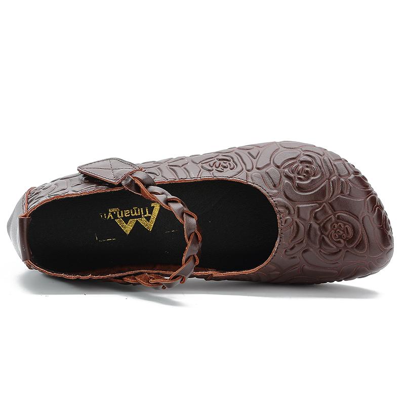 New Luxury Embossed Mary Jane Shoes Women's Vintage Real Leather Flats Elegant Sandals Woman Shallow Braids Strap Moccasin Shoe