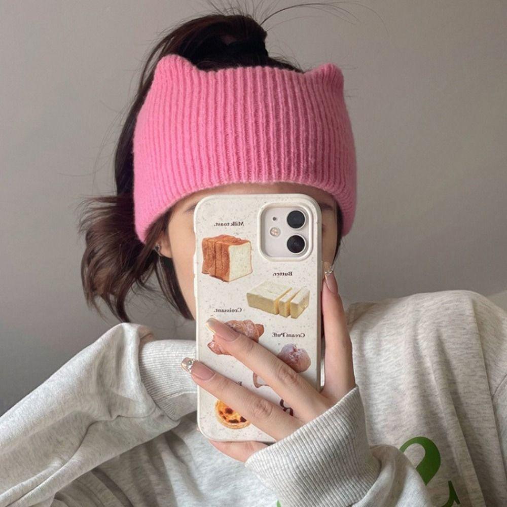 Windproof Solid Color Hairband Ear Warm Warm Hair Band Fashion Cat Ears Knitted Headband Skiing