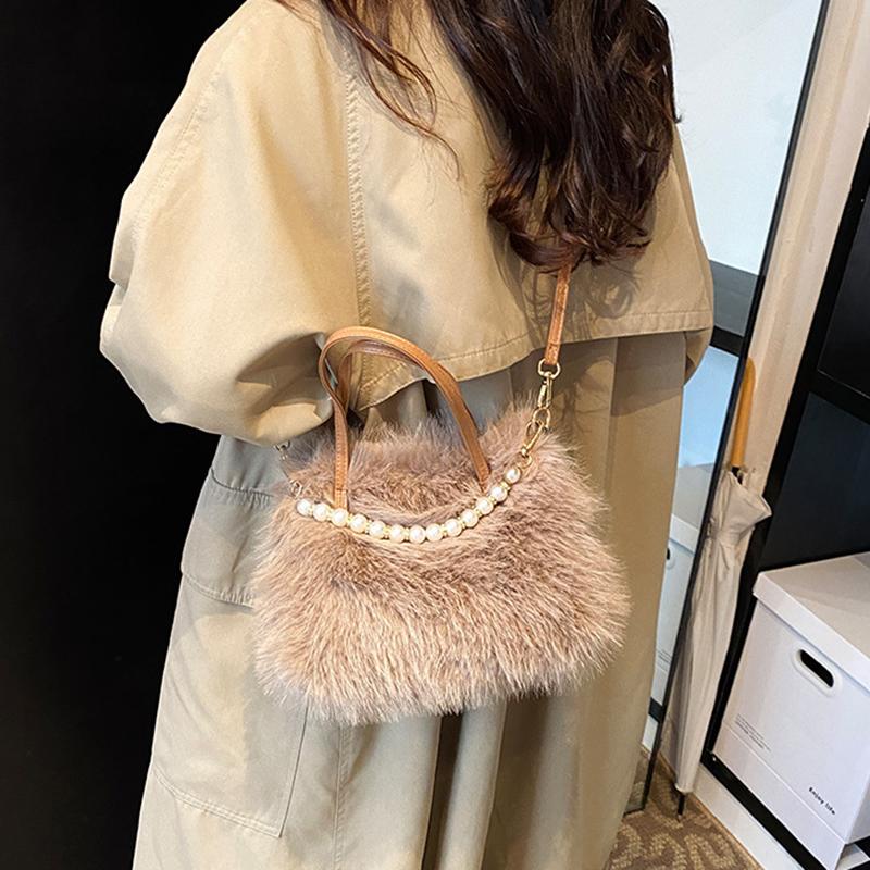 Hairy Handbag Pearl Chain Plush Small Square Bag For Women Fashion Elegant Shoulder Crossbody Bag Autumn Winter Versatile Totes