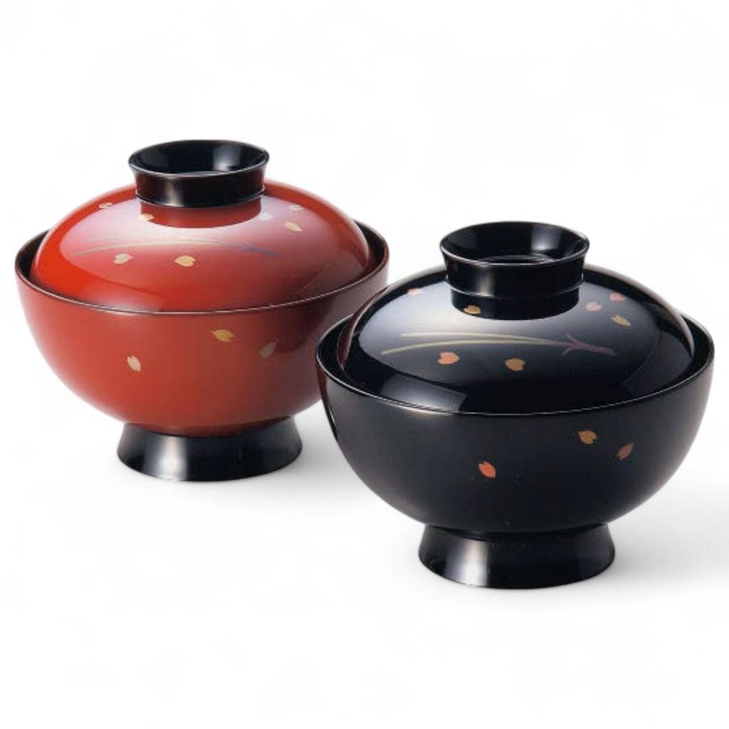 Set of 2 Lacquerware Made In Japan with a Synthetic Process of Wood Powder and with Polished J-kitchens Bowls, Resin, Hand-Painted Maki-e Finish,