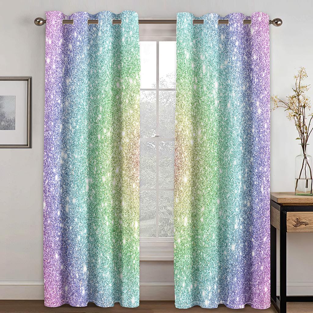 Rainbow Pink Gold Star Glitters Drips Printed Children's Window Panel Drapes designed for Girl Living Room Bedroom Decor 2 Pieces Free Shipping