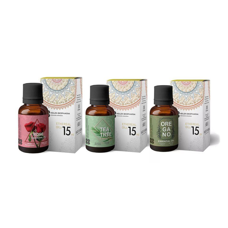 Essential Oils Set: Rose, Tea Tree, Oregano (3 Pcs), Essential Oils: Rose, Tea Tree, Oregano Set of 3, Heilen Biopharm