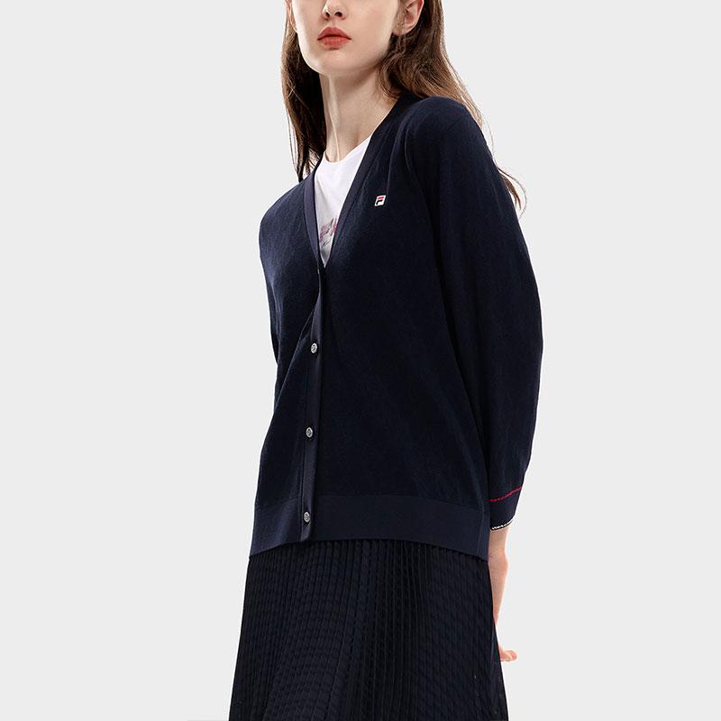 Fila Logo Print Casual Open-Front Long Sleeve Knit Sweater Women Sweater Legendary-Blue F11W331401FNV