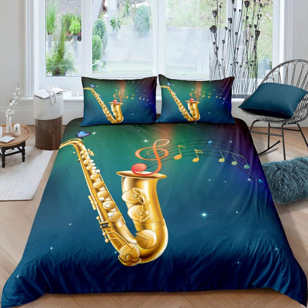 Саксофон Пододеяльник Комплект Вращающиеся Музыкальные Ноты Постельное Белье Музыкальный Инструмент Ретро Джаз Музыка Тема Двойное Одеяло Покрывало Для Детей