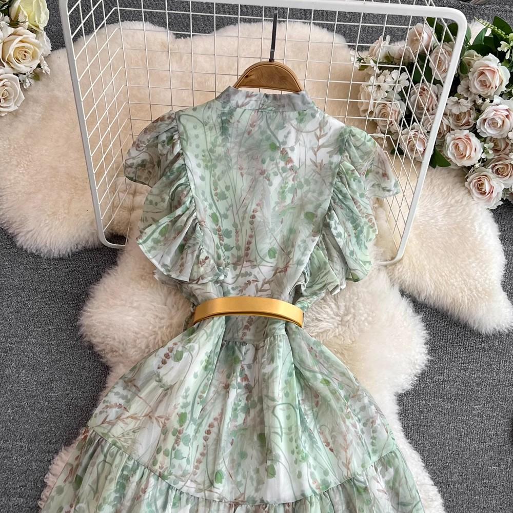 Summer Elegant Flower Chiffon Long Maxi Beach Holiday Dress Women's Butterfly Sleeve O Neck Single-Breasted Belt Floral Print Party Robe