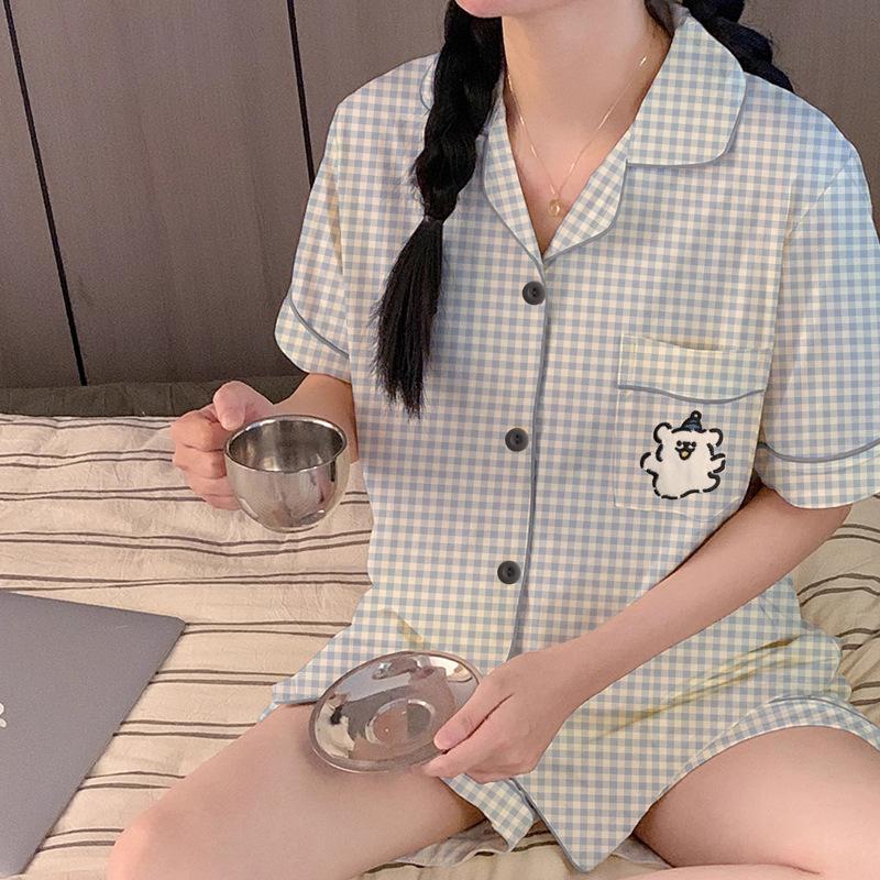 Line puppy short-sleeved pajamas women's summer new fresh plaid short-sleeved thin comfortable loungewear set