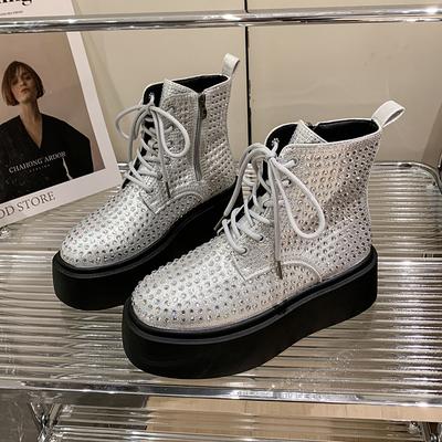 Модные женские ботинки на платформе, осенние, новые, с круглым носком, глубоким воротом, со шнуровкой спереди, короткие, с полной дрелью