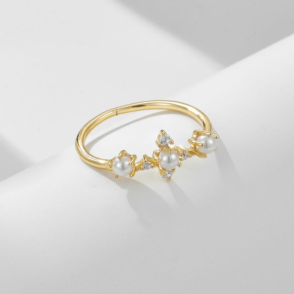 Unique Elegant 925 Silver Ladies Jewelry 14k Gold Plated Zircon Minimalist Dainty Pearl Crown Ring