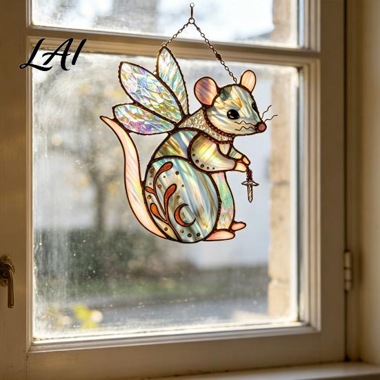 Animal Light Catcher Fairy Mouse Suncatcher Stained Glass Style Acrylic Window Hanging Ornament Woodland Fantasy Colorful Shadow Display for