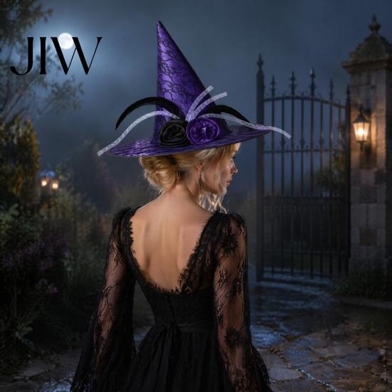 Retro Style Costume Hat Halloween Star Witch Hat, Mesh Veil Rose Feather Cone for Women, Gothic Party Headwear, Adult Cosplay Accessory Mysterious