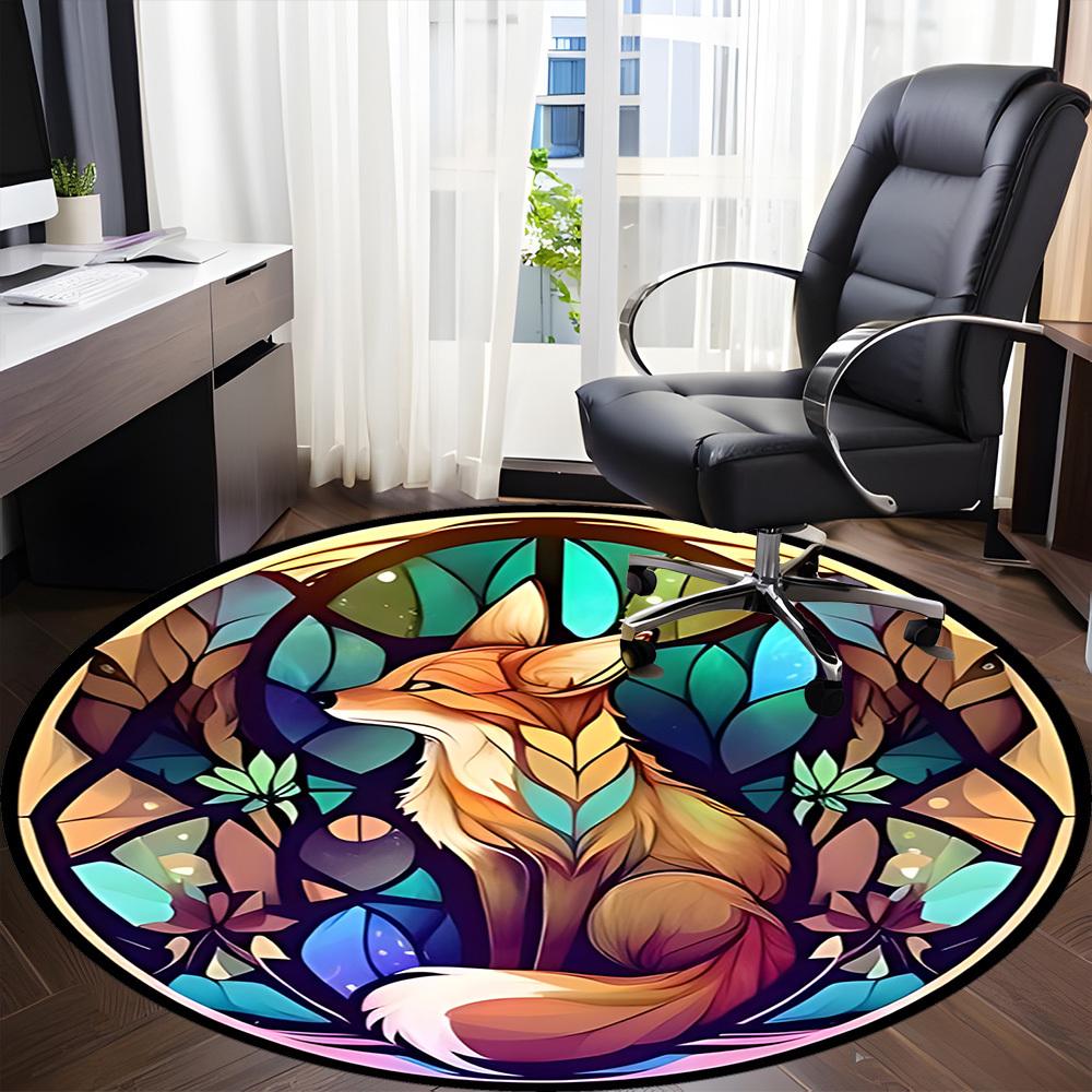 1pc Stained Glass Fox Office Round Area Rug, Indoor Mat Suitable ForOffice, Under Office Chairs Bedroom Living Room Home Decor, Room Deco D049