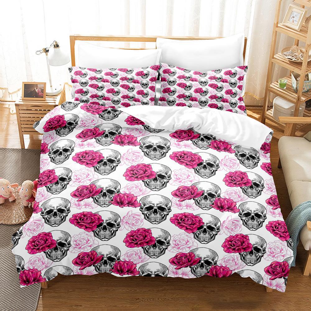 Комплект постельного белья Roses and Skulls All Season Twin Single Twin Full Queen King Size Bed Set Aldult Kid Bedroom Duvetcover Sets Anime