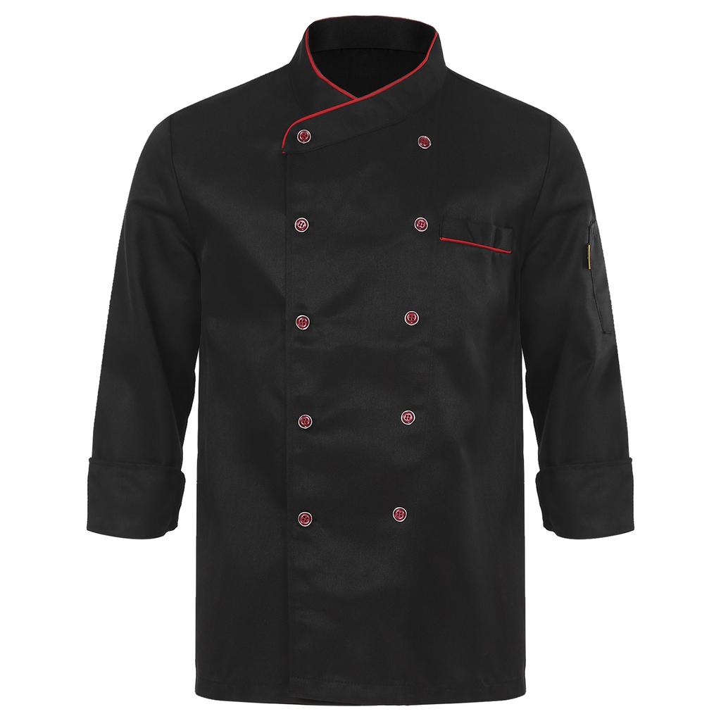 Mens Womens Unisex Chef Coat Double Breasted Design Contrast Color Trimming Cook Jacket Kitchen Uniform