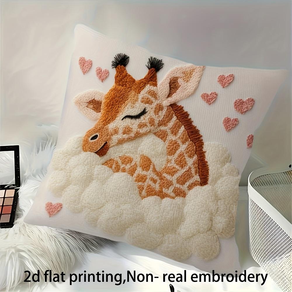 Cute Giraffe Pillow Cover 2D Faux Embroidery Print Animal Cushion Case For Sofa Bed Couch Cozy Kids Nursery Home Decor