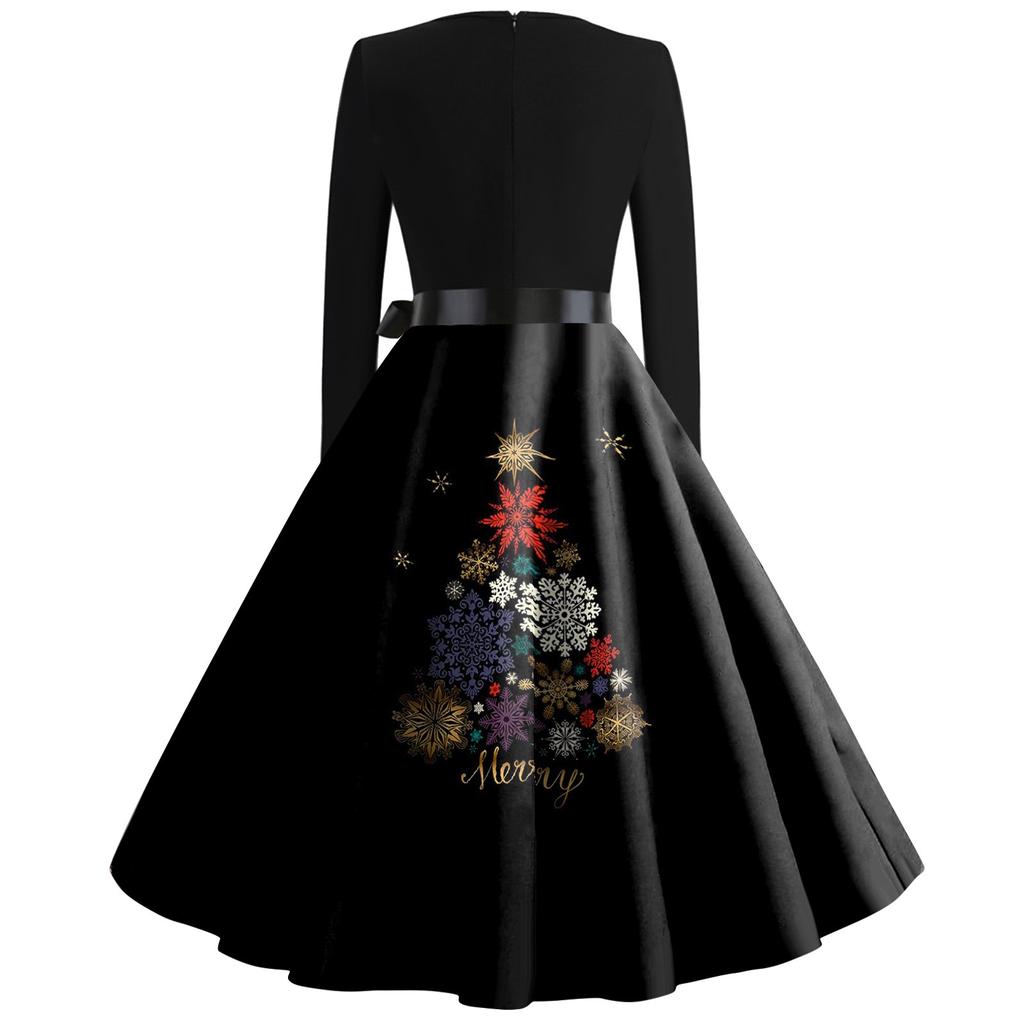 Женские рождественские повседневные модные винтажные платья с круглым вырезом и длинными рукавами с принтом
