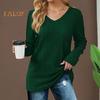 Женская туника-свитер с V-образным вырезом и длинным рукавом, однотонные ребристые повседневные топы, облегающие трикотажные свободные топы на осень