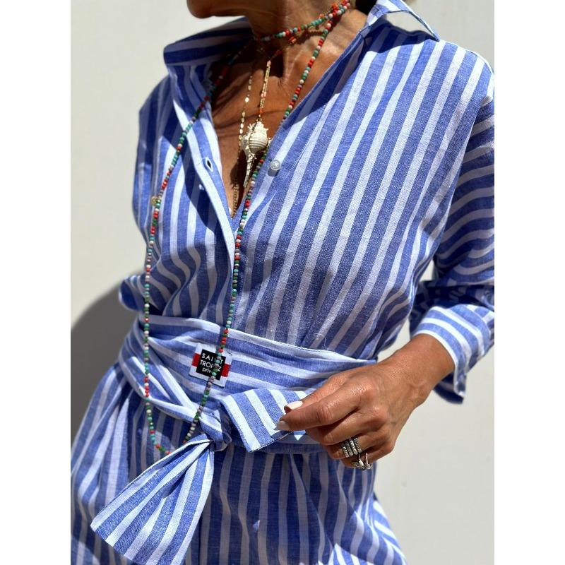 Women's Striped Shirt Dress Midi Length Button Front Belted Turn Down Collar Casual Dress