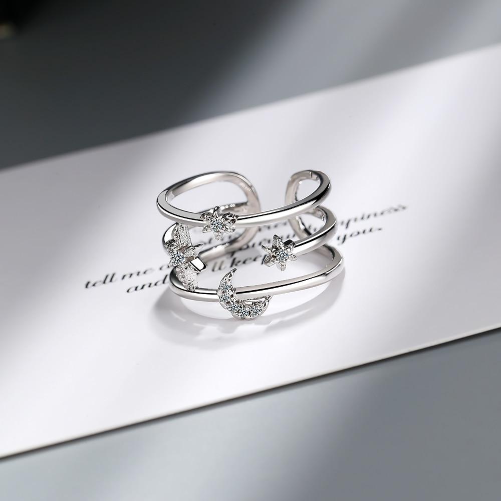 100 %Real Pure 925 Sterling Silver Crystal Moon Star Double Layer Rings For Women Ladies Statement Jewelry Wedding Finger Ring
