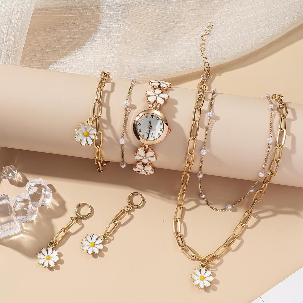Ladies' Versatile Gift Set: Fashion Floral Chain English Watch & Daisy 5-Piece Set.