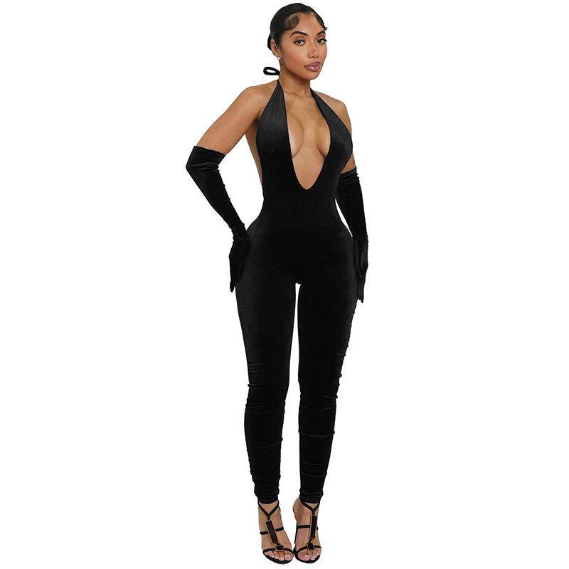 J25Jp466 European and American New Cross-Border Women's Fashion Sexy Solid Color Elegant Halter Neck Slim Fit Deep V-Neck Backless Jumpsuit