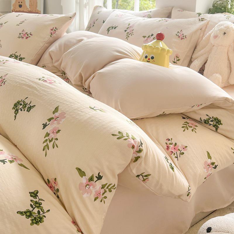 Class A Fresh Four-Piece Set: Washed Cotton Bed Sheet & Duvet Cover with Double Layer Gauze - Home Bedding Collection