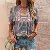 Summer Women Vintage T-shirt Bohemia Floral V-Neck Tops Tees Female Fashion Short Sleeve Clothing Ladies Daily Casual Outfit