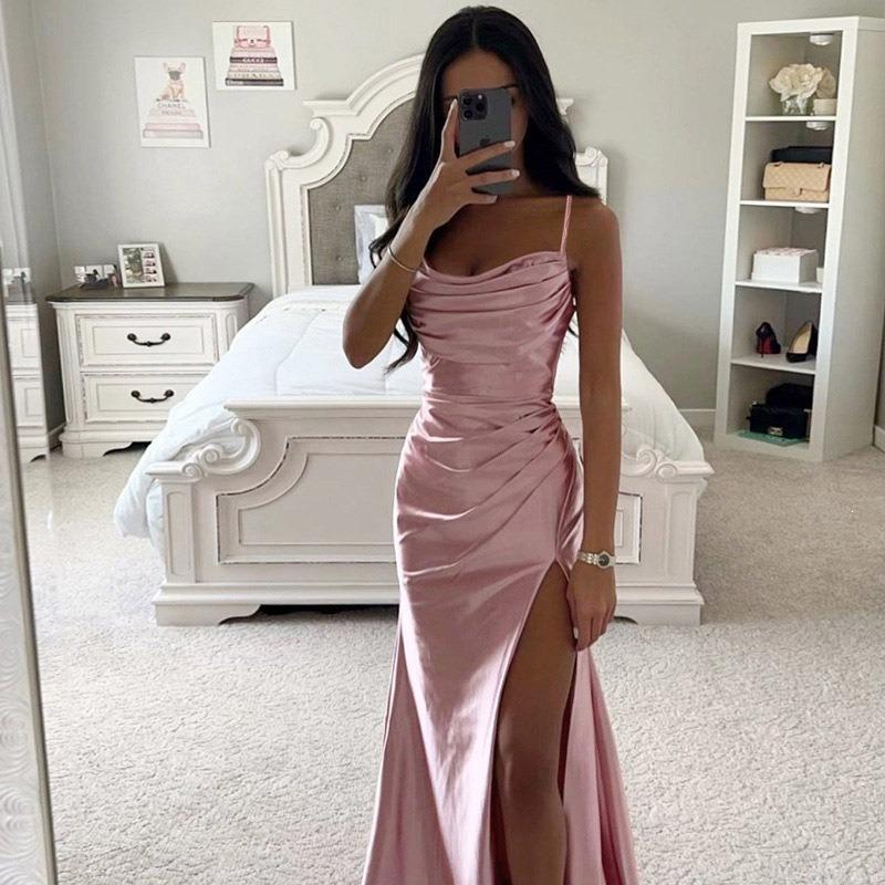 Strapless Ruffled Slit Satin Bodycon Evening Dress For Women