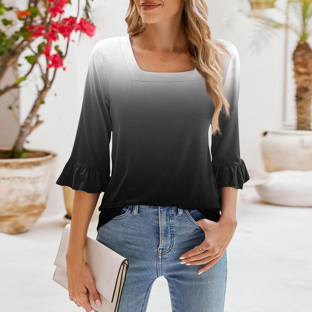 Женские повседневные топы с рукавами 3/4, летние футболки с квадратным вырезом, свободные туники с рюшами, блузки-туники