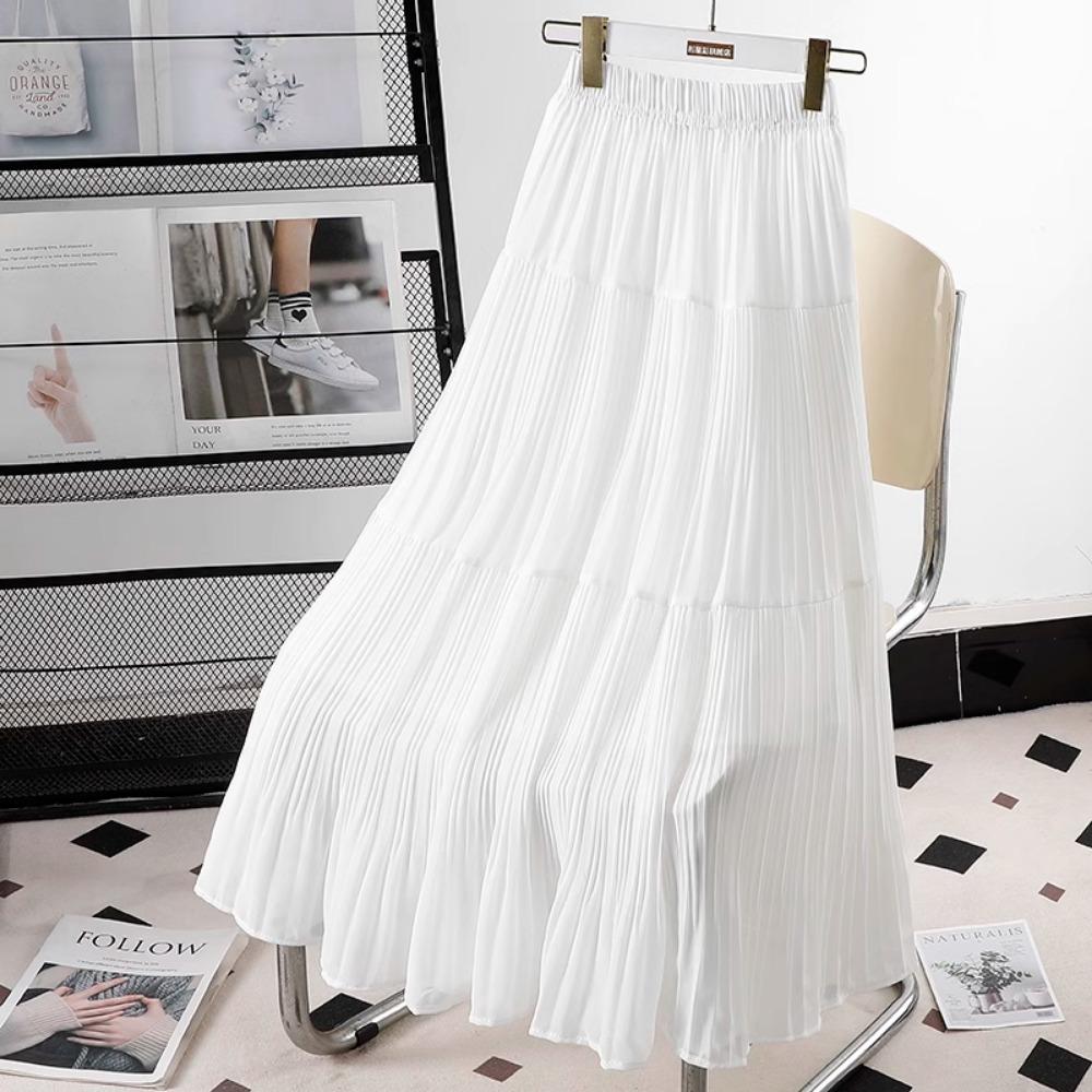 Dimanaf 2025 Summer Women New Skirts Chiffon Solid Elastic Waist Pleated Mesh Elegant Skirts