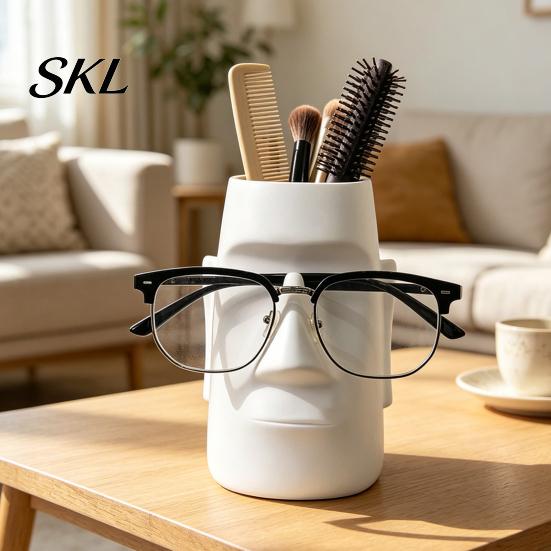 Resin Desk Organizer Abstract Face Statue Eyeglass Holder And Pen Holder, Modern Art Novelty Gift for Men Office, Home Decor, Makeup Brush Stationery
