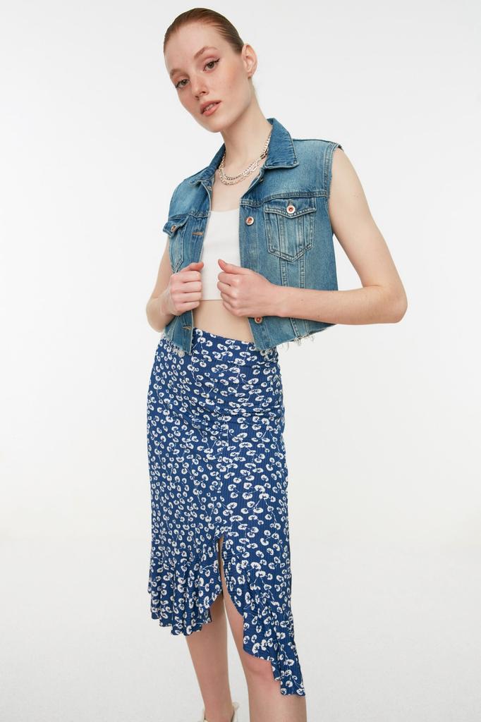 Women's Fashion Purple Printed High Waist Midi Stretchy Knitted Skirt with Gather Detail and Flounce